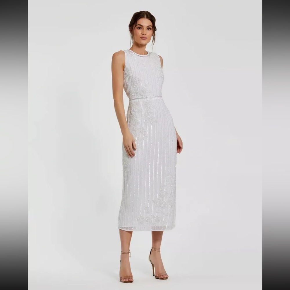 MAC DUGGAL 70260 STRIPED FLORAL EMBELLISHED SLEEVELESS WHITE MIDI DRESS sz 2 NWT